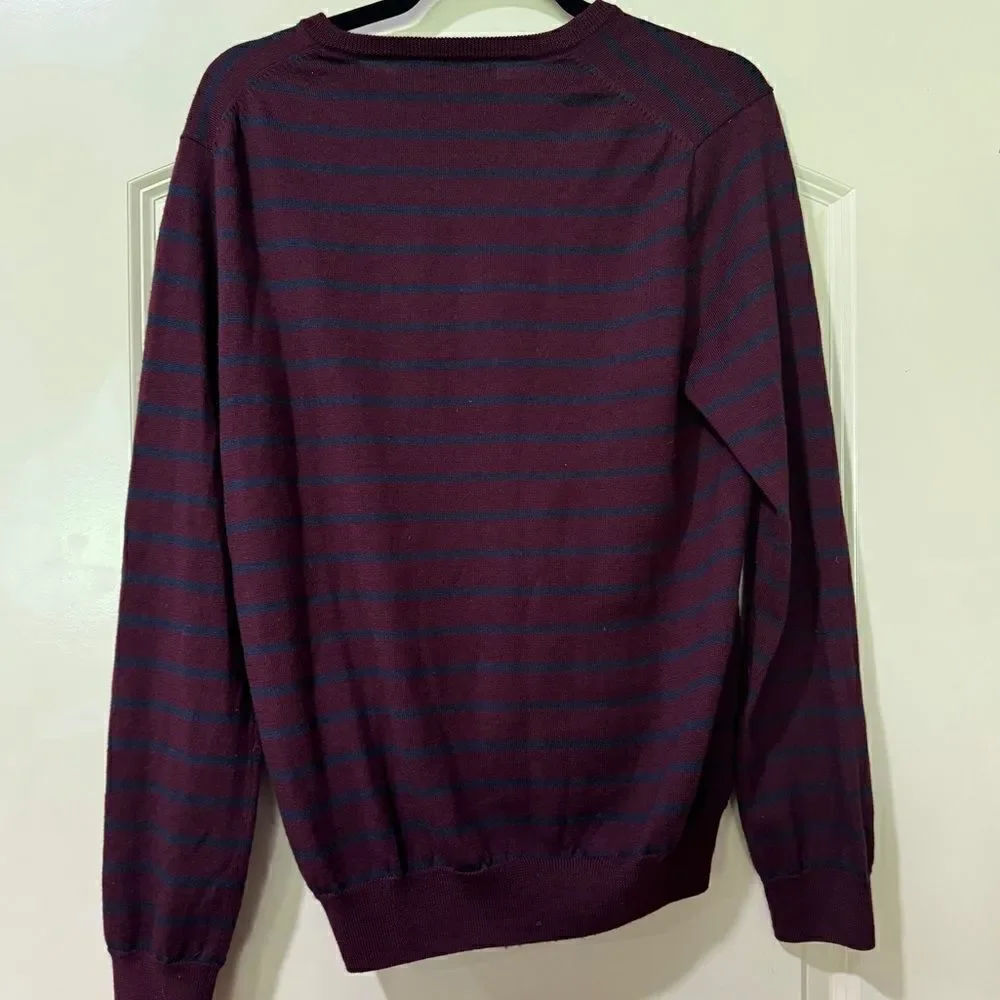 J. CREW V-Neck 100% Merino Wool Sweater Maroon Blue Striped Mens Size Medium